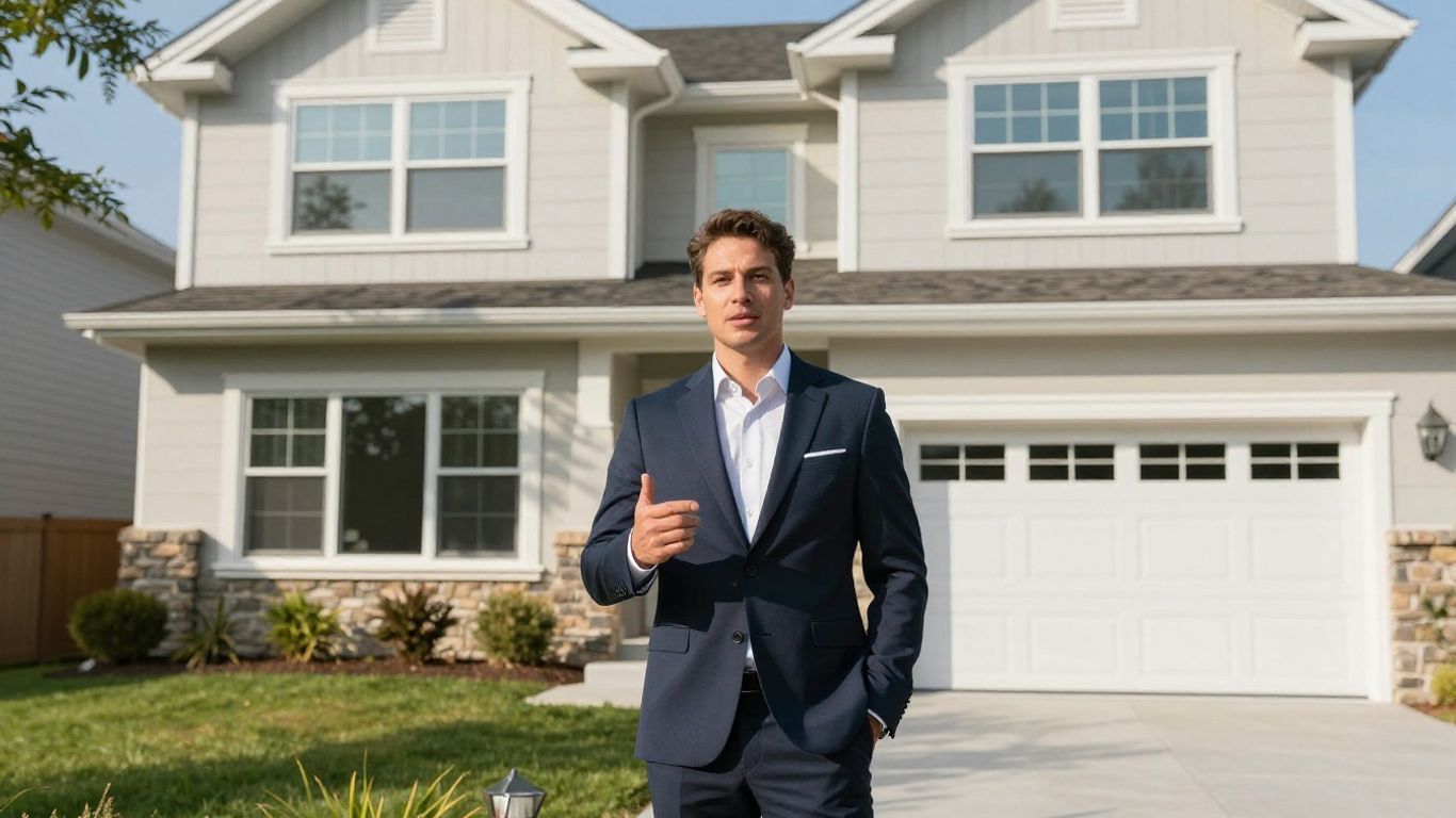 Real estate broker presenting a modern house.