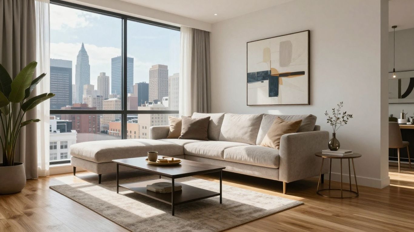 Modern living room with city view