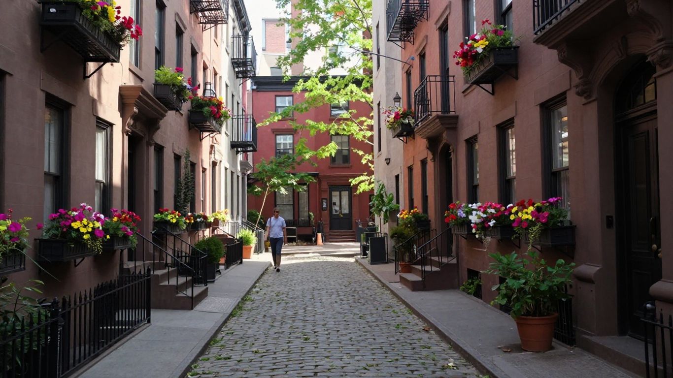 Charming NYC street with brownstones and flowers.
