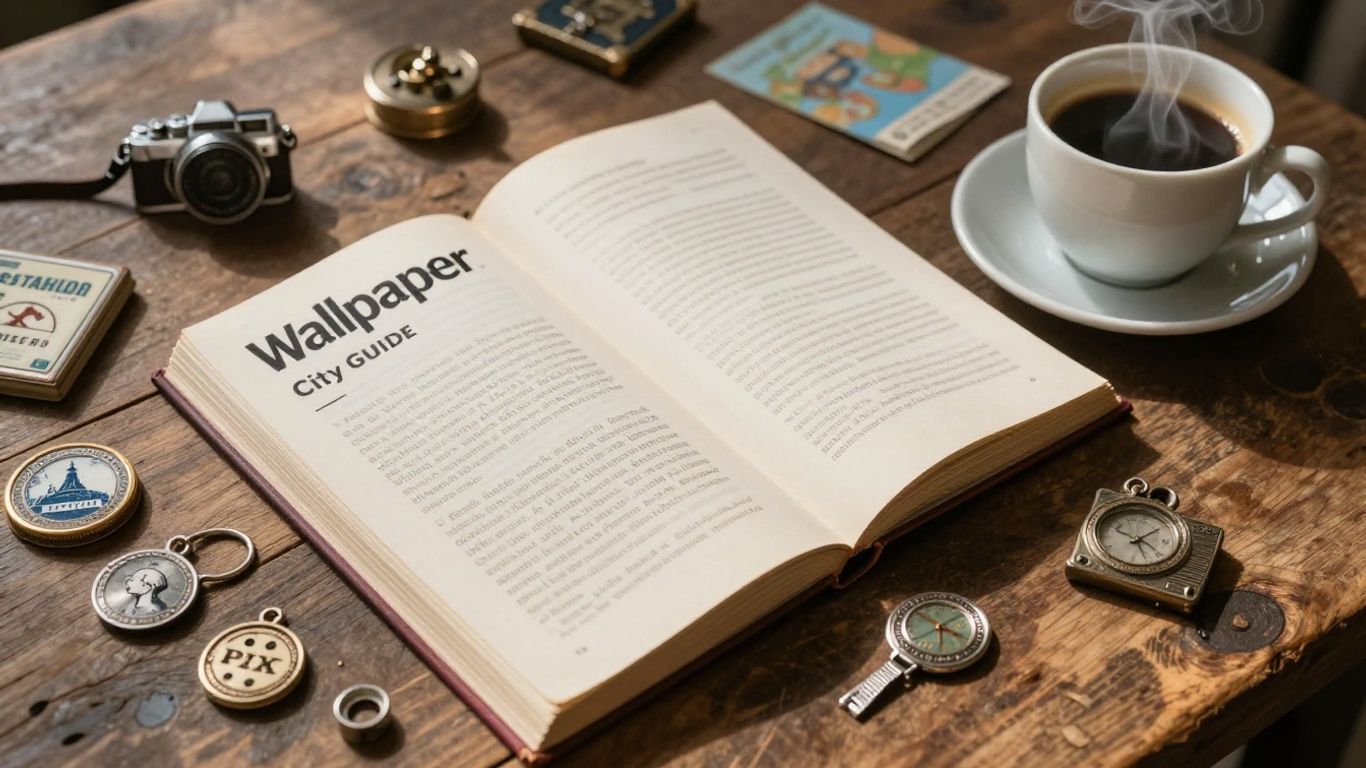 Open travel guidebook with local items on a table.