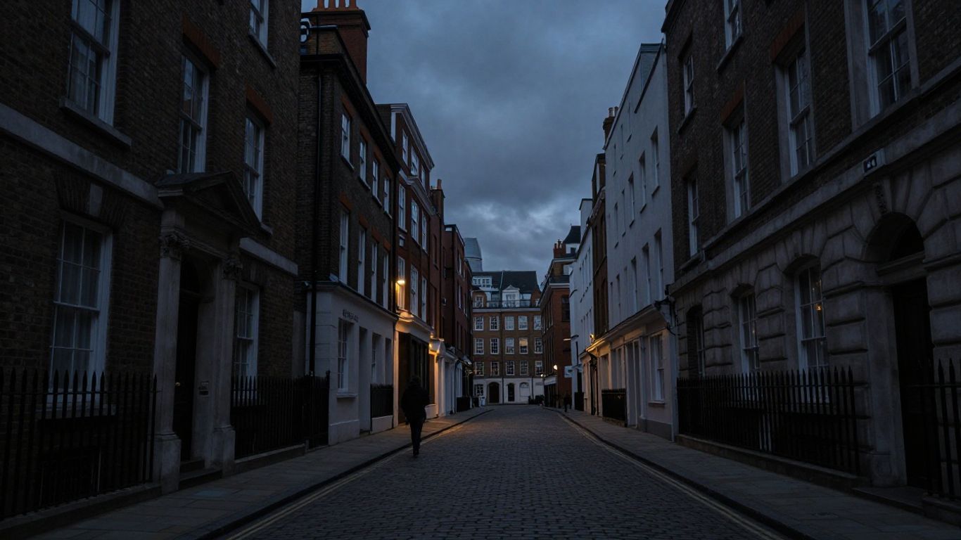 Historic City of London street at dusk with ancient buildings.
