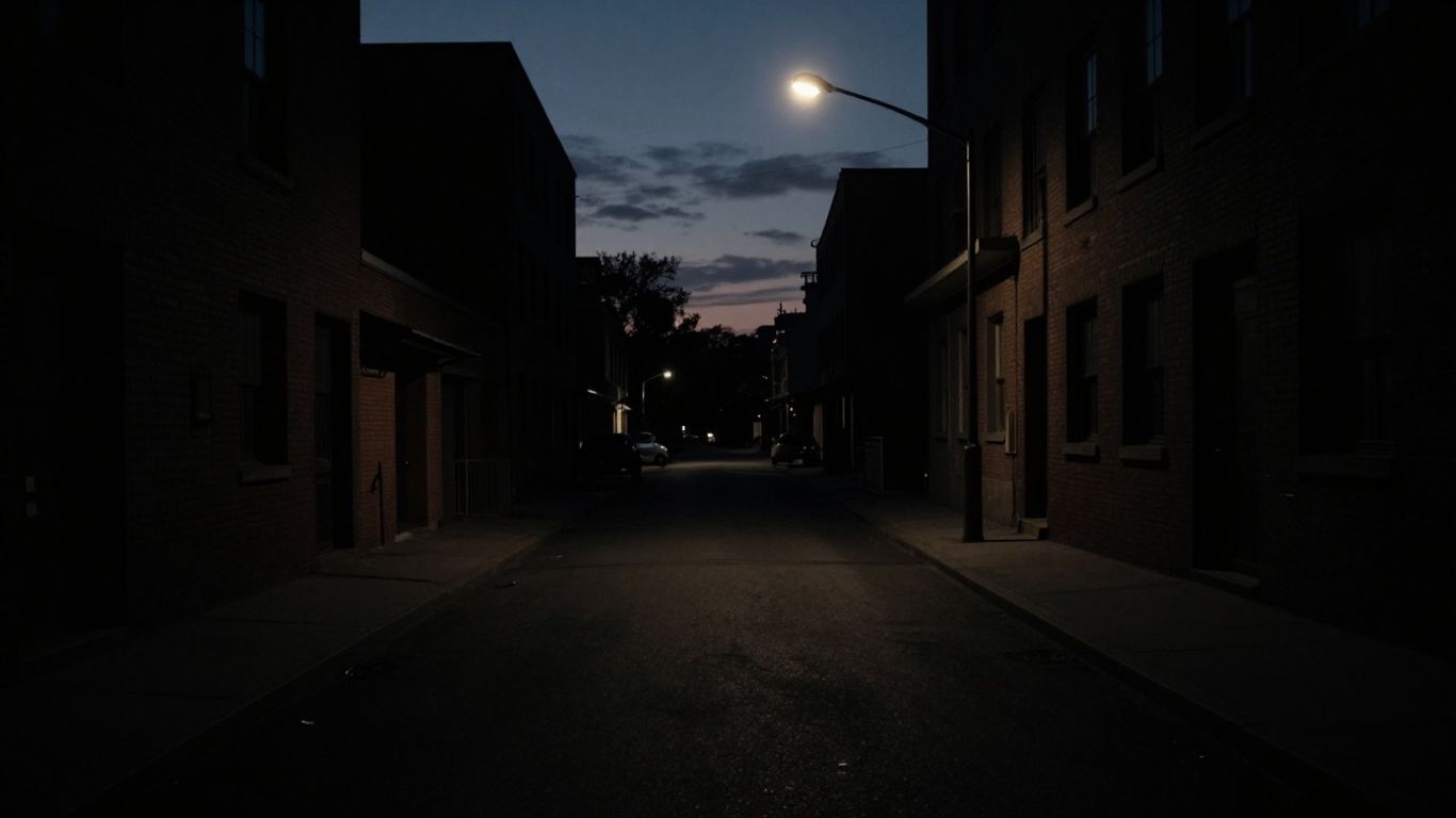 Urban street at dusk with flickering streetlight.