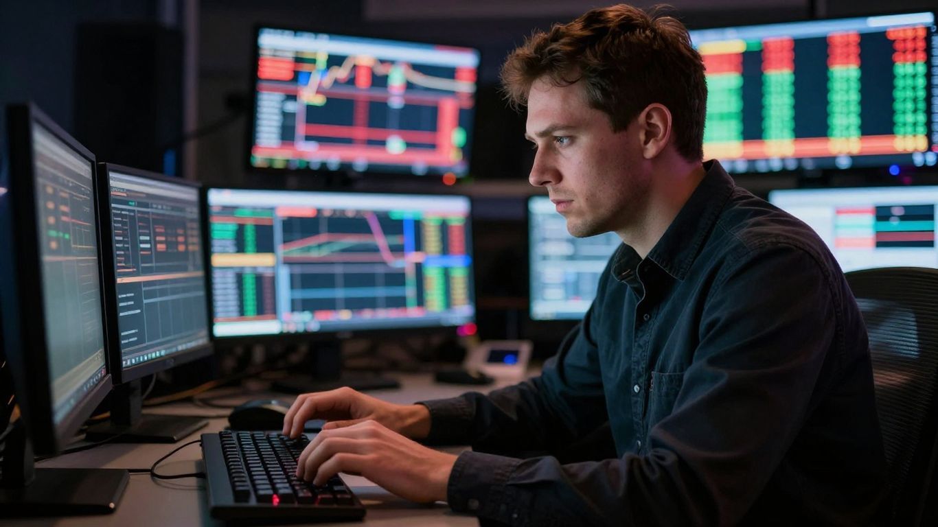 Trader focused on live market data on screens.