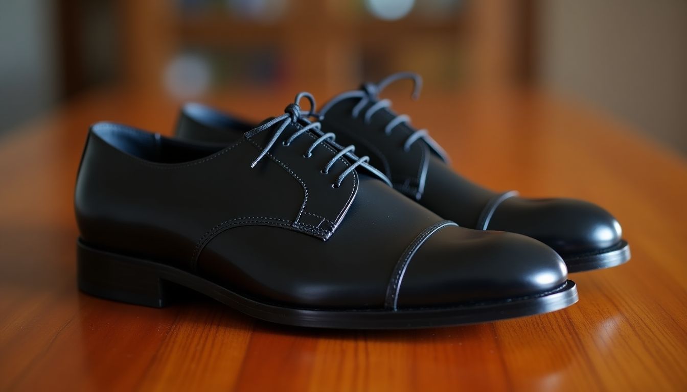 Classic black leather Oxford shoes on a wooden surface.