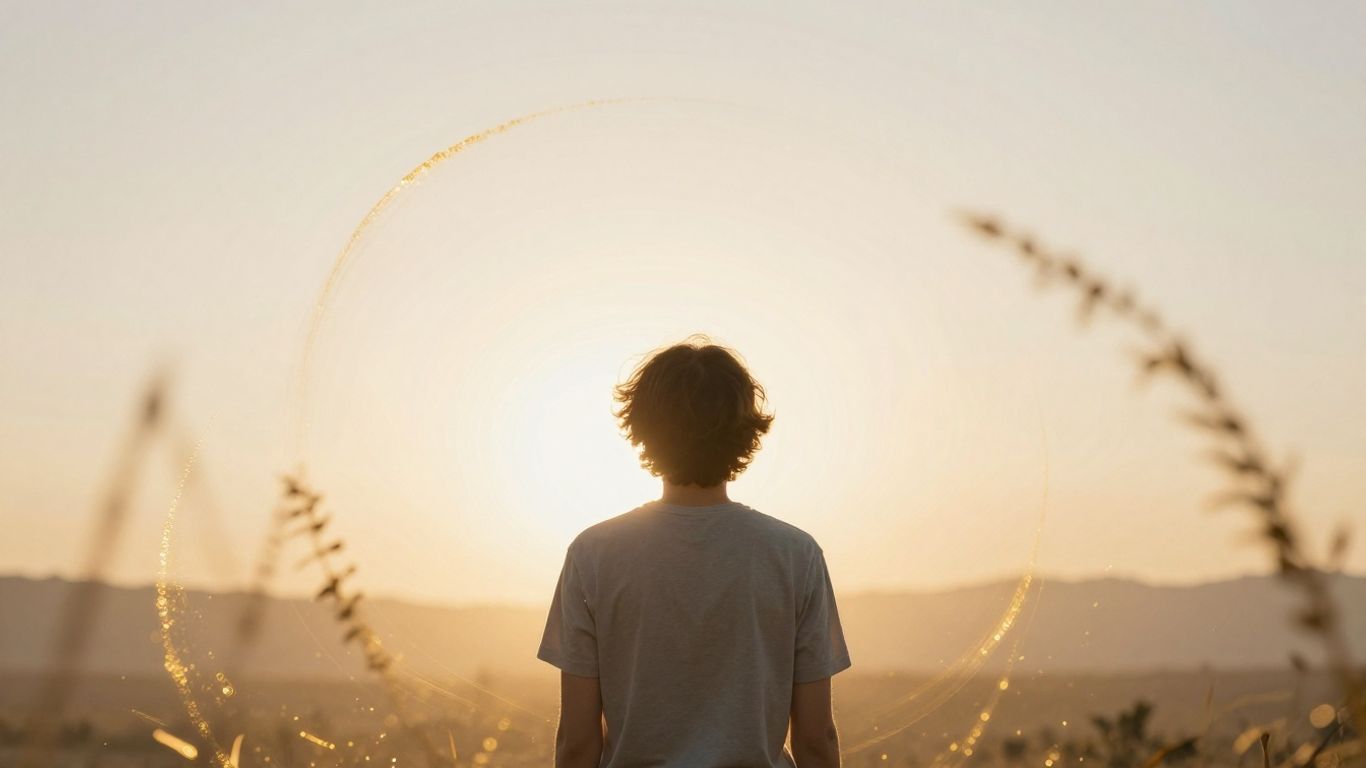 Person looking towards a bright horizon with abstract financial elements.