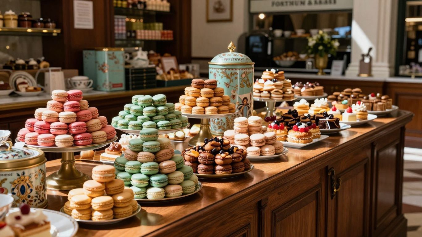 Fortnum & Mason food hall interior with pastries and tea.
