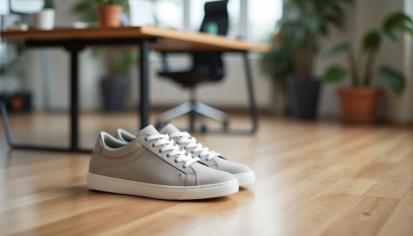 Modern sneakers suitable for a professional office environment.