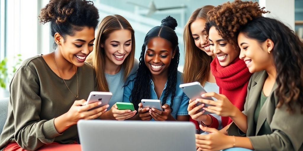 Diverse young women using technology and collaborating together.