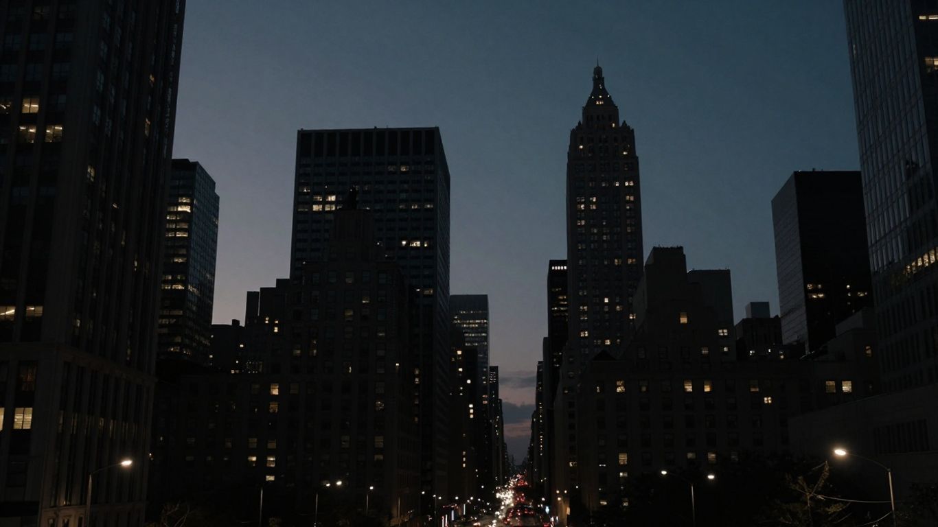 Urban cityscape at dusk, hinting at crime data.