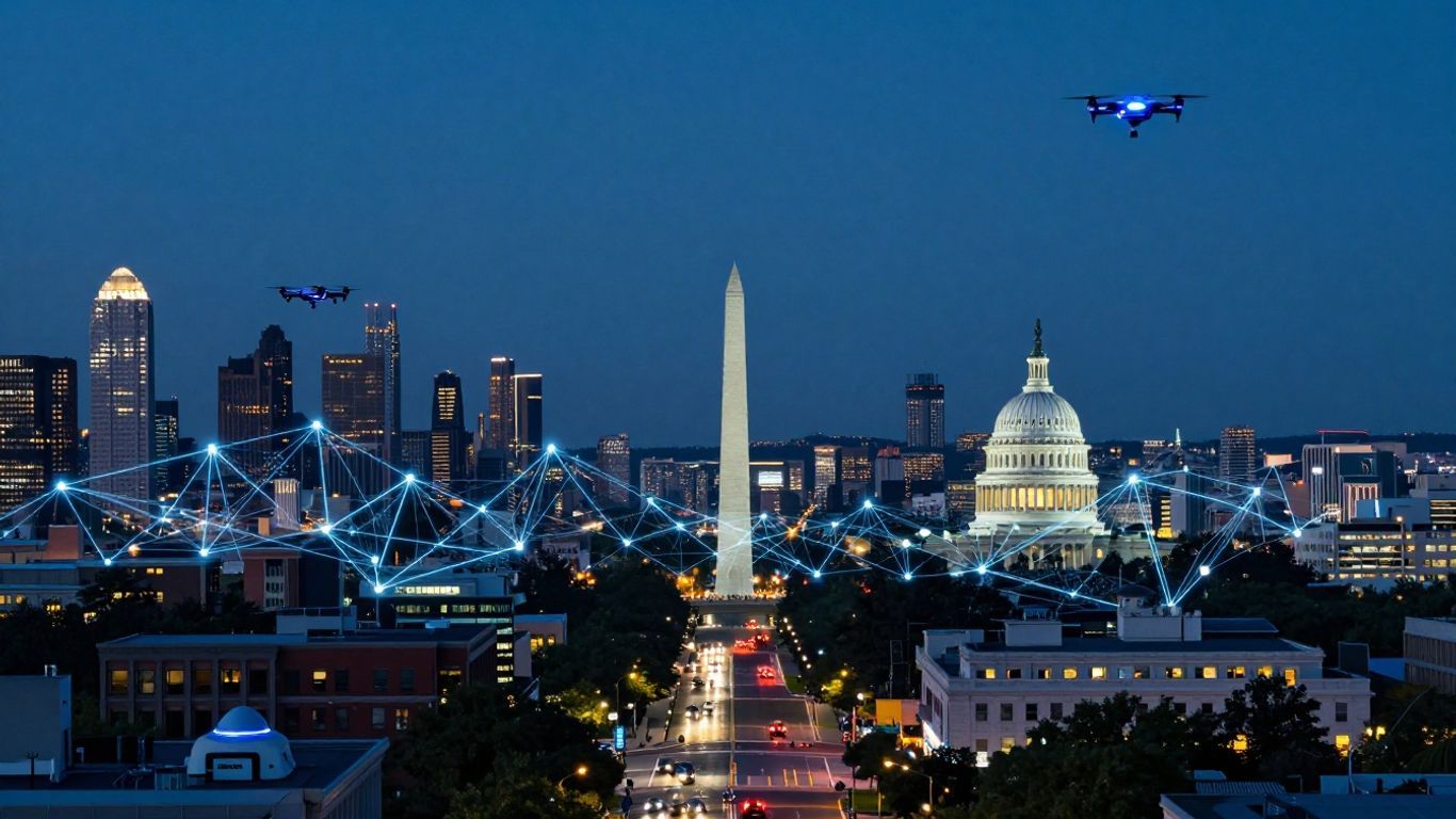 Washington D.C. cityscape with digital network lines and drones.
