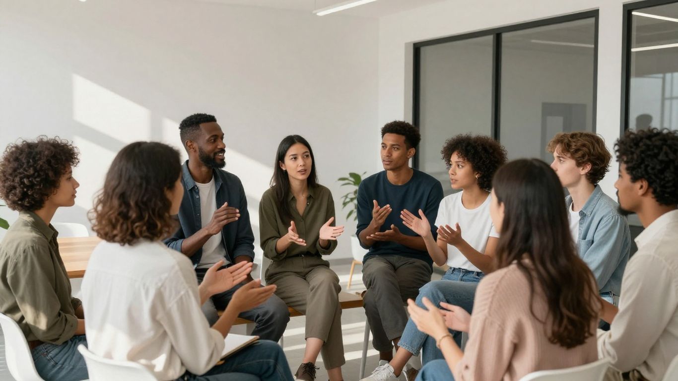 People discussing trading in a bright, modern forum.