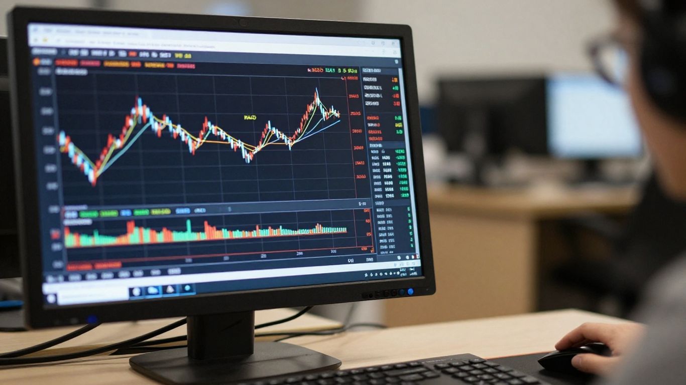 Trading desk with stock chart and MACD indicator.