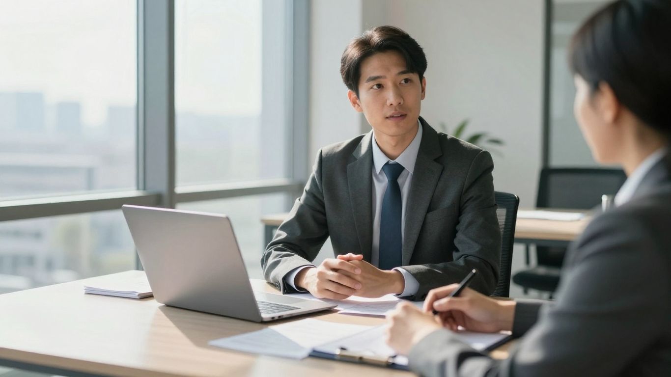 Insurance broker in office with client