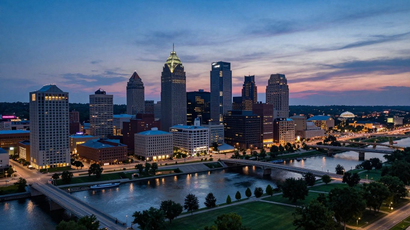 Columbus, Ohio skyline at dusk with river reflections.