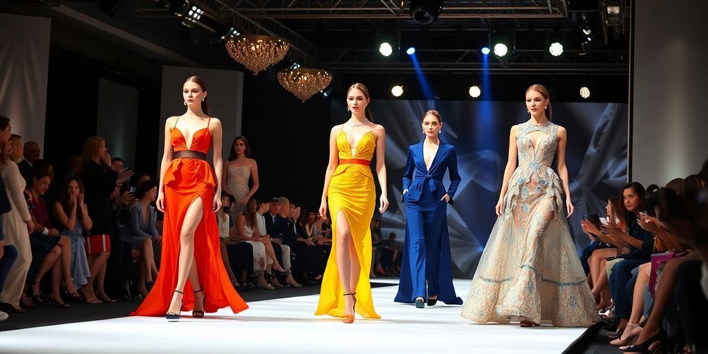 Elegant models on a luxury fashion runway during a show.