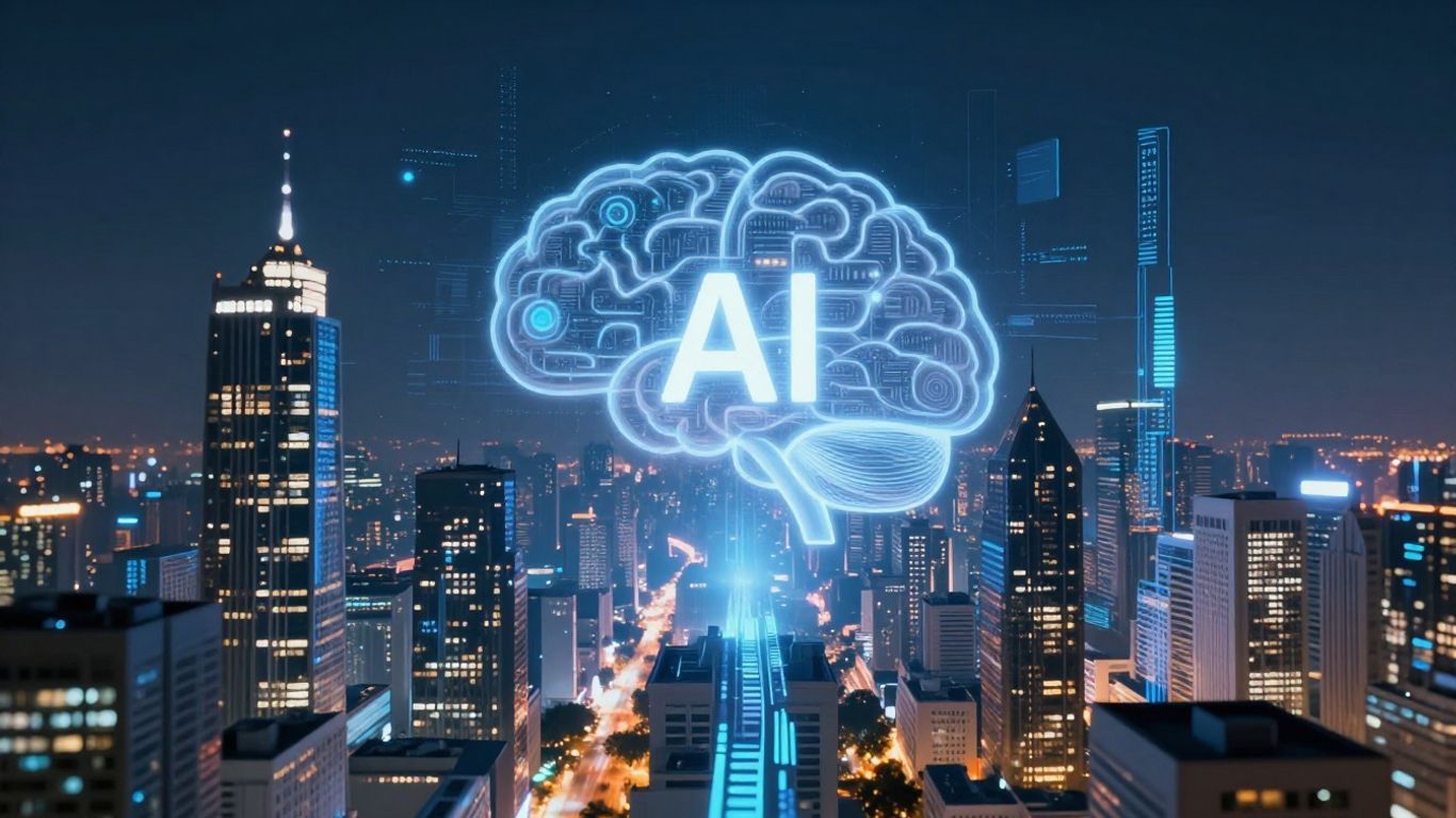 Futuristic city with AI and currency streams.