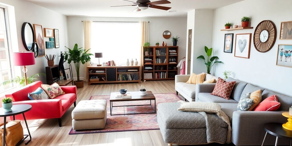 Stylish living room with modern decor and vibrant colors.