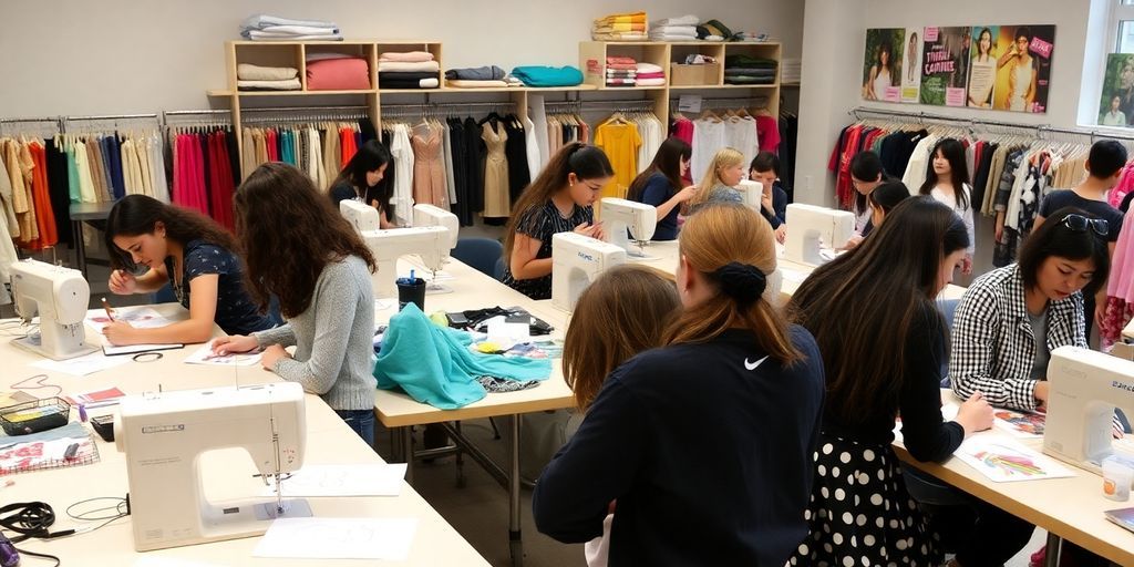 Students collaborating in a bright fashion design classroom.