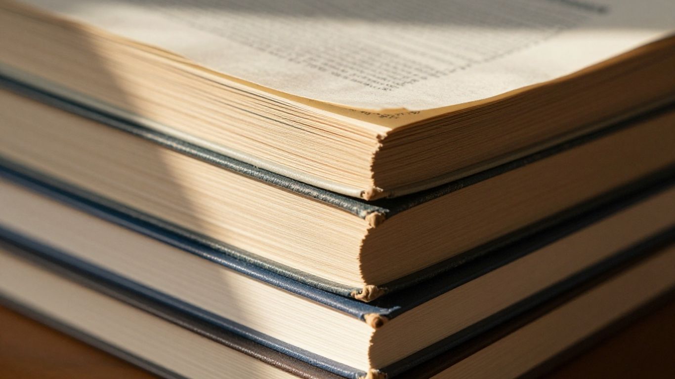 Stack of financial books with sunlight.