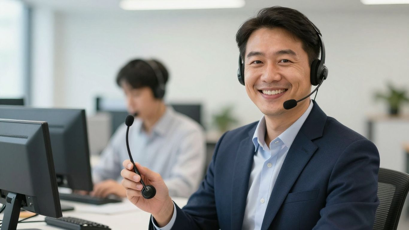 Supportive client service representative with a headset.