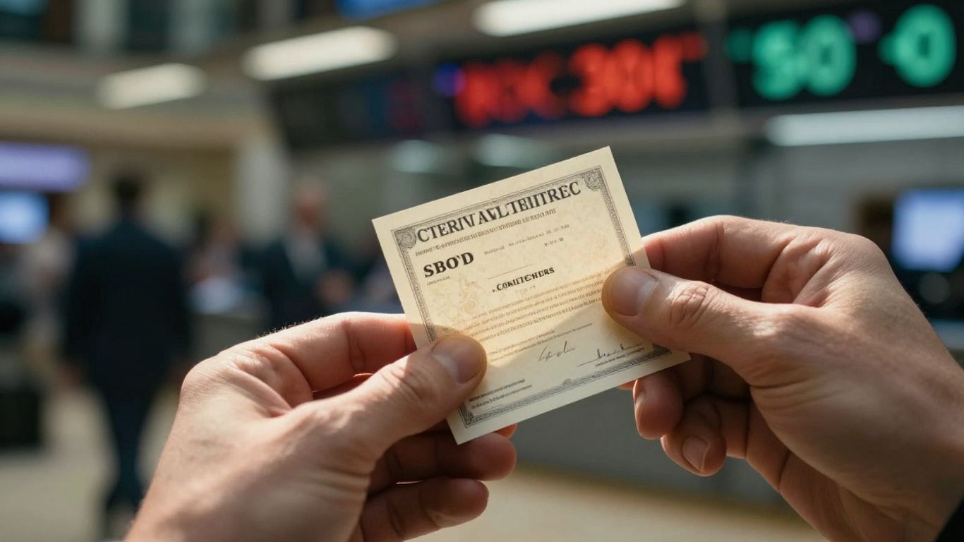 Stock certificate held in hand, stock exchange background.