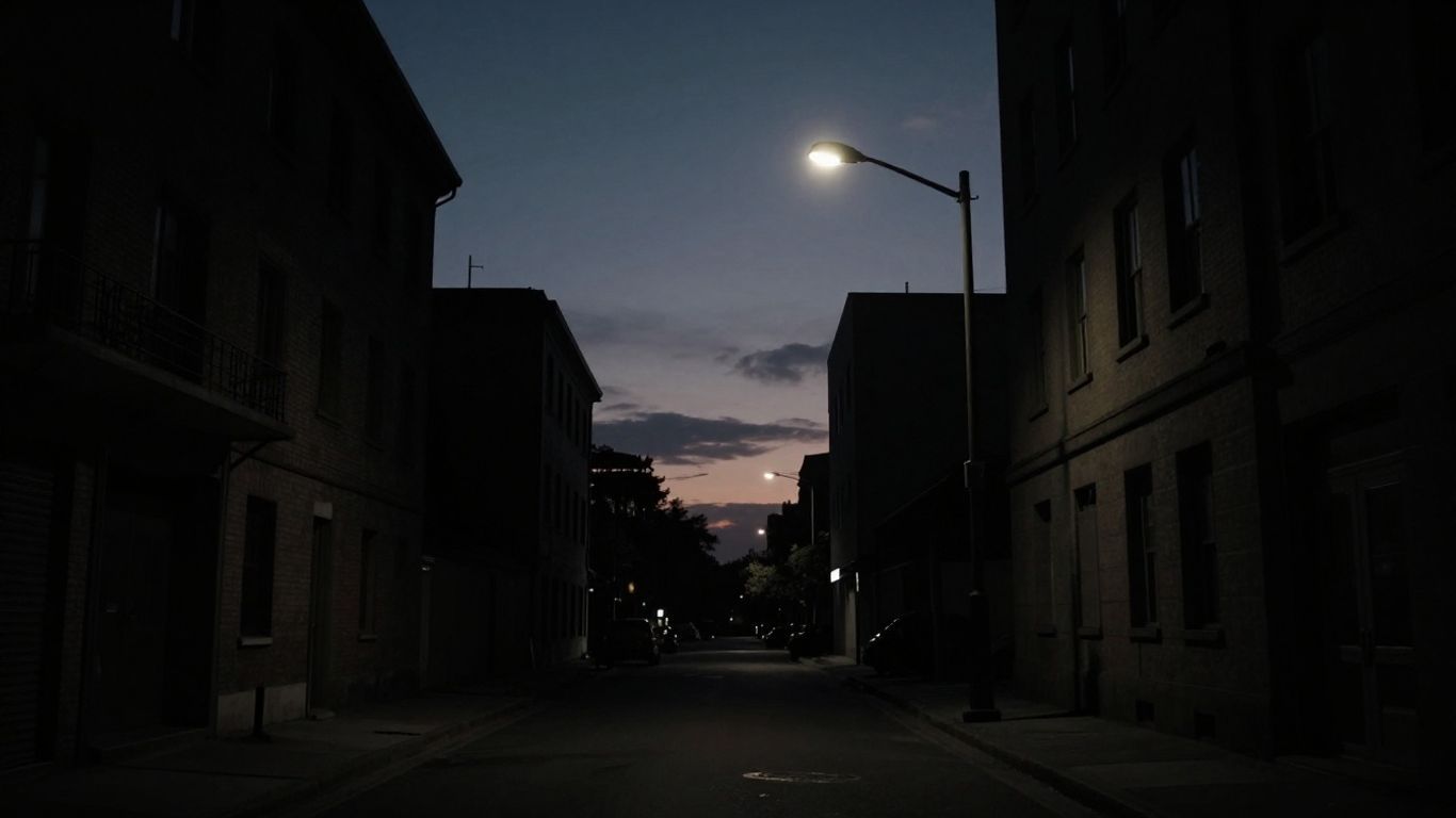 Urban street at dusk with flickering streetlight.