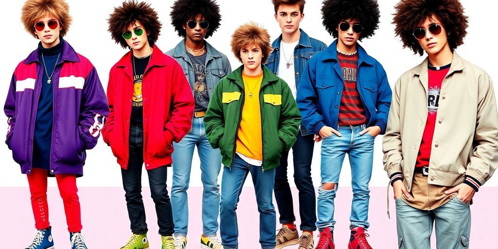 Collage of 80s male fashion and hairstyles.