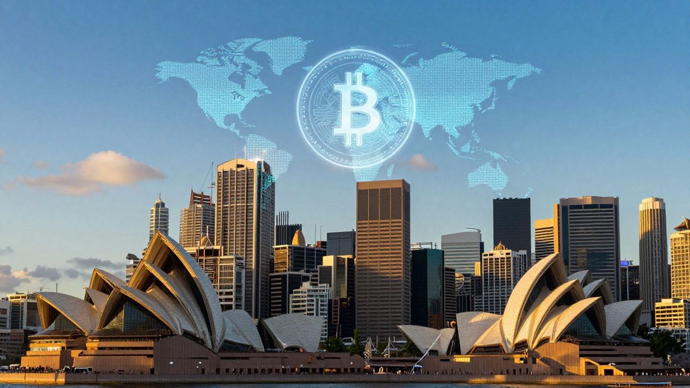 Binance Australia logo with Sydney skyline background.