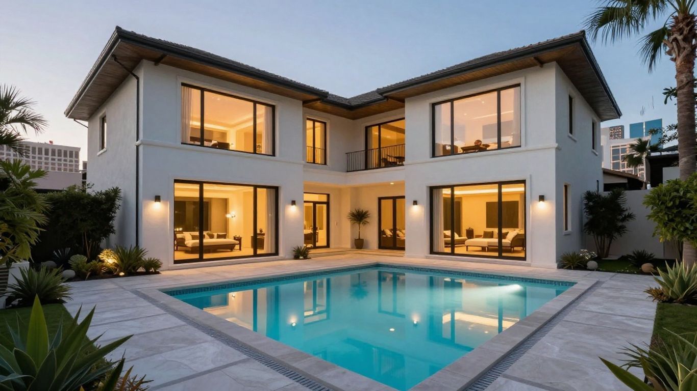 Tranquil Rim Court luxury home with pool and city view.
