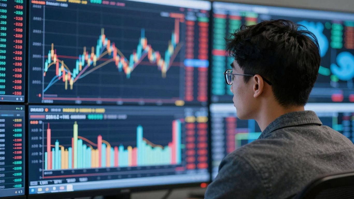 Trading simulator interface with abstract market visuals.