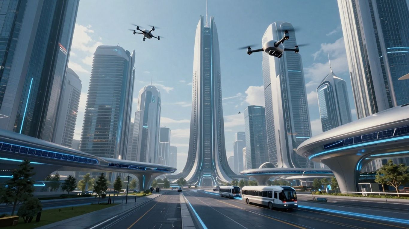 Futuristic smart city skyline with advanced technology and clean energy.