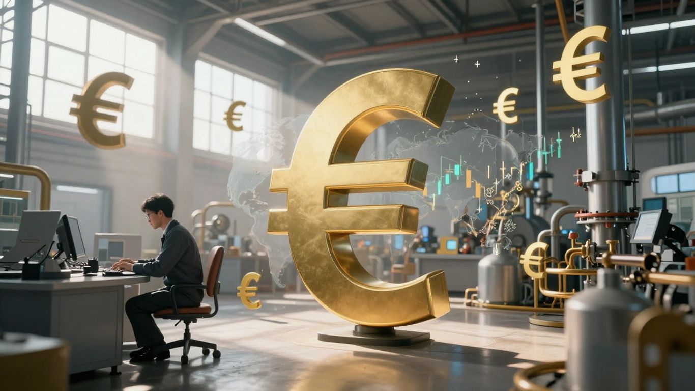 Forex trading factory with currency symbols and global economic activity.