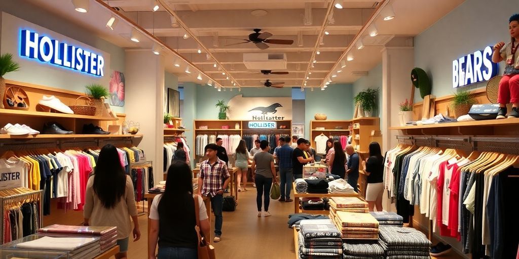 Hollister store interior with casual clothing displays and decor.