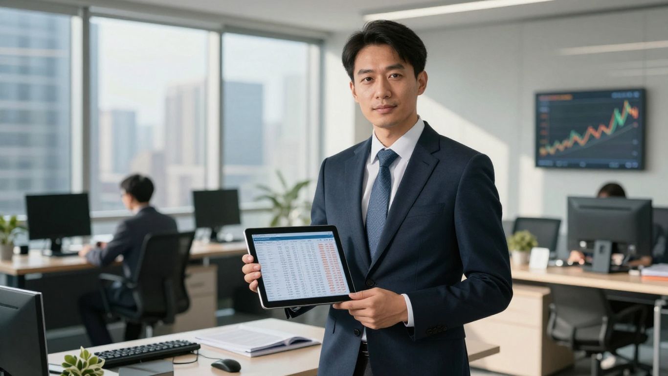 Stockbroker in office with city view