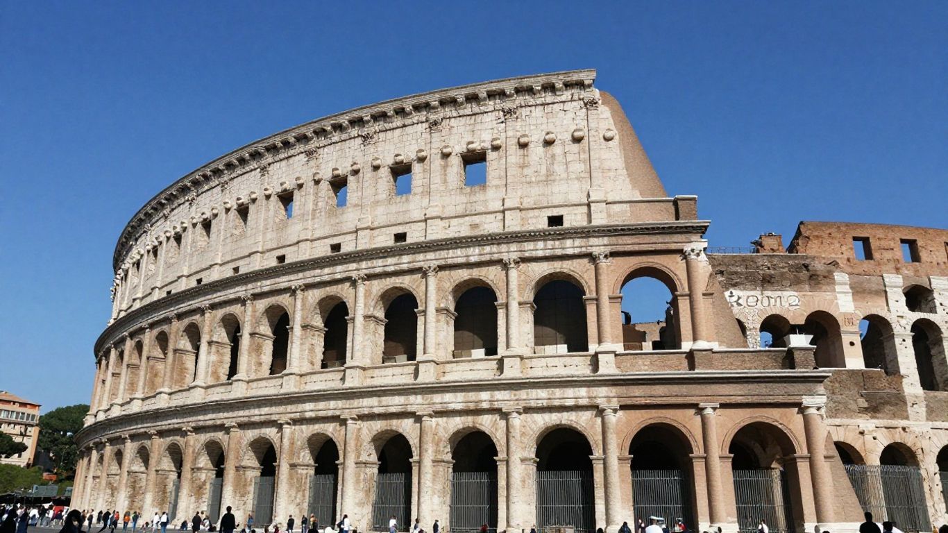 The Colosseum in Rome under a blue sky.
