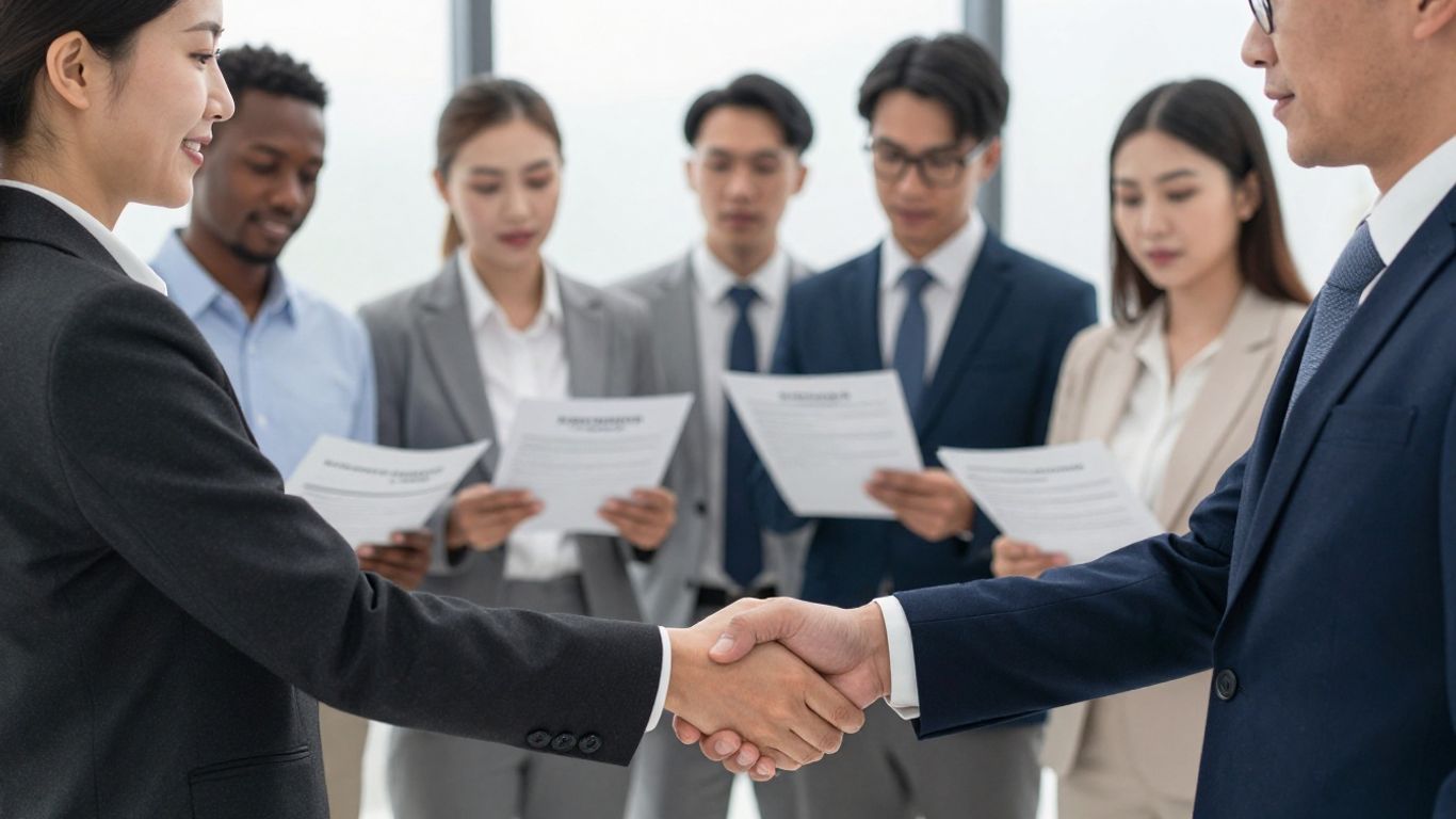 Handshake and people reviewing insurance policies.