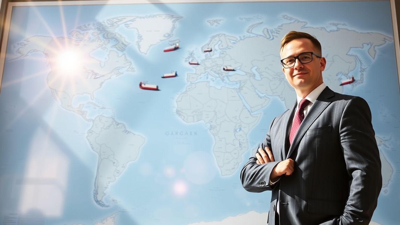 Professional in suit with global logistics map.