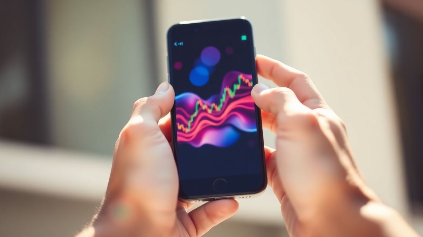 Hands holding smartphone with abstract financial market visualization.