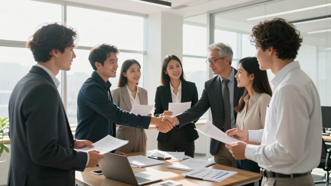Homebuyers discussing mortgage options with a broker.