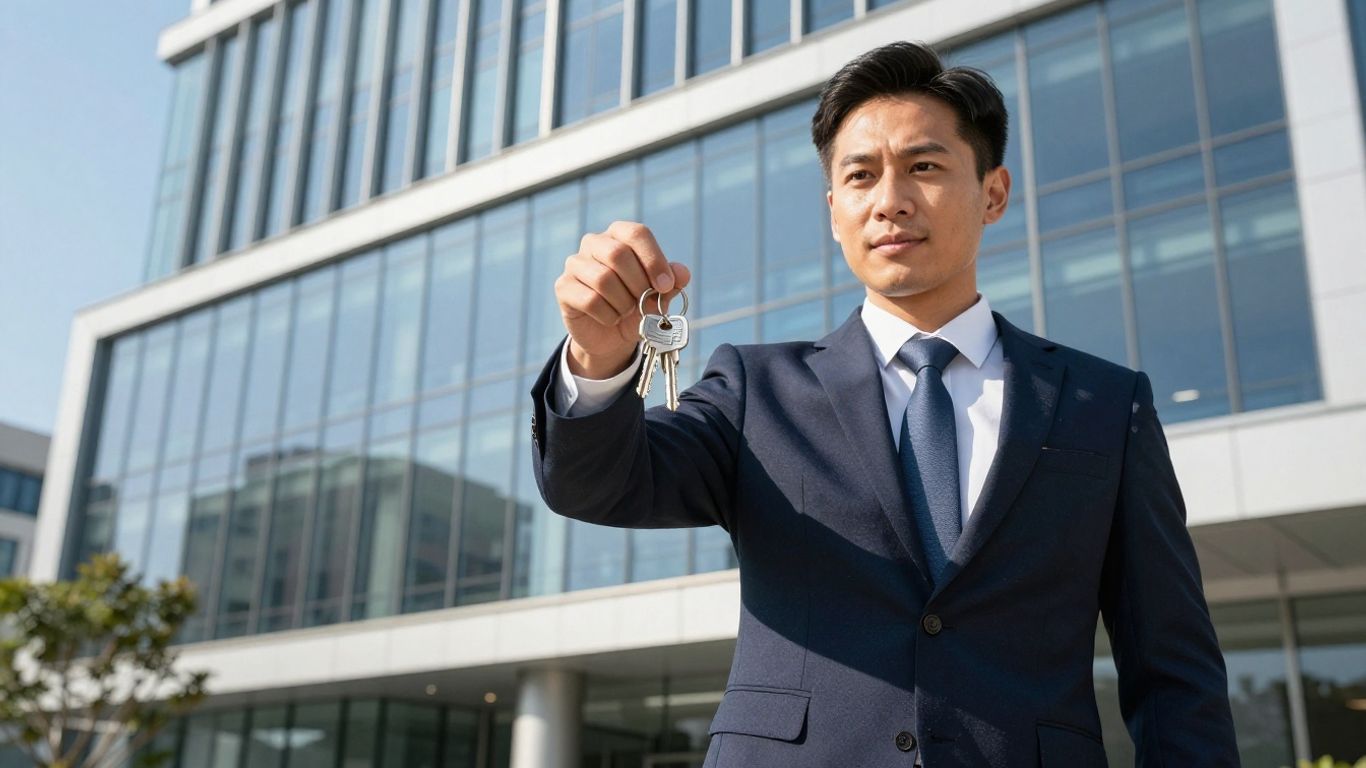 California real estate broker with keys, modern office building.