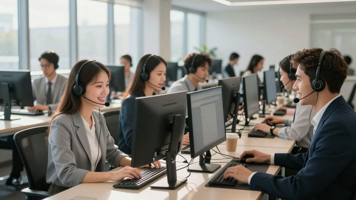 Friendly call center agents helping customers at computers
