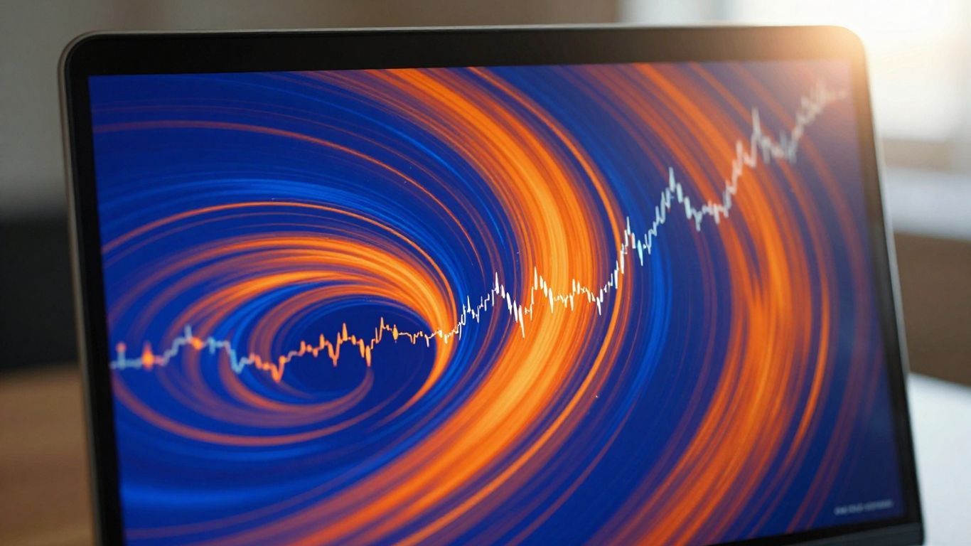 Forex trading screen with abstract currency fluctuations.
