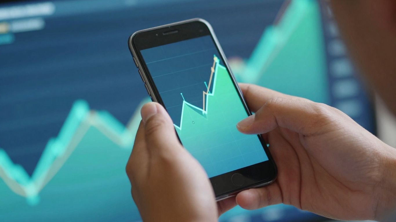 Hands holding smartphone with financial growth visuals.
