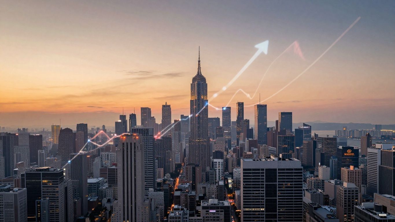Financial markets cityscape with upward light trails.