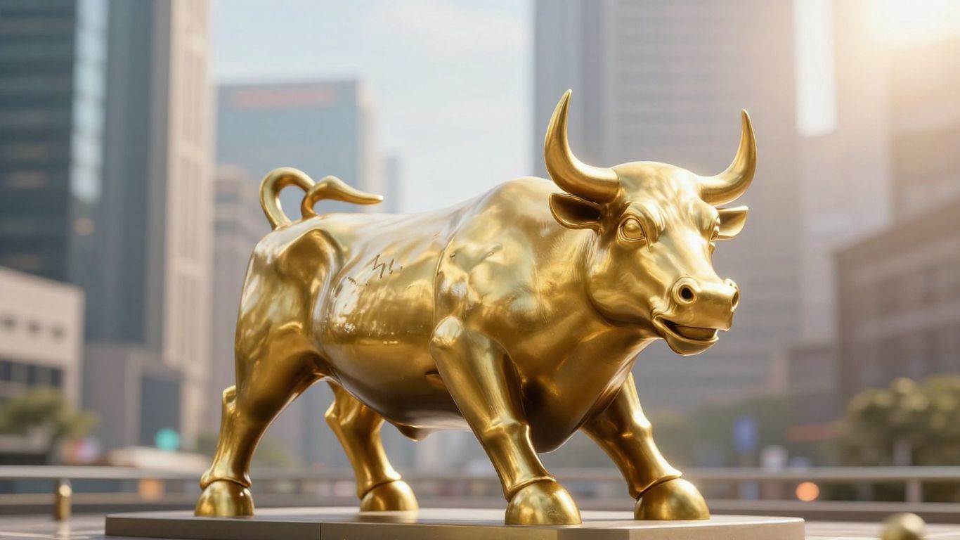 Golden bull statue against city lights, symbolizing investment growth.