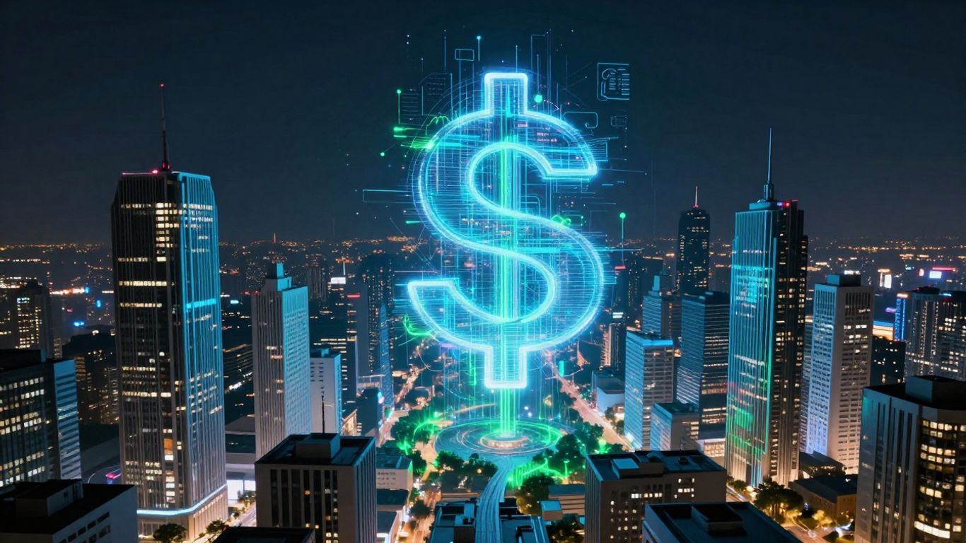 Futuristic city with glowing digital streams and currency symbol.