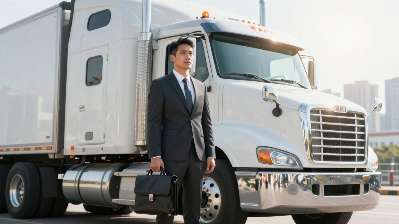 Trucker with briefcase and semi-truck, cityscape background.