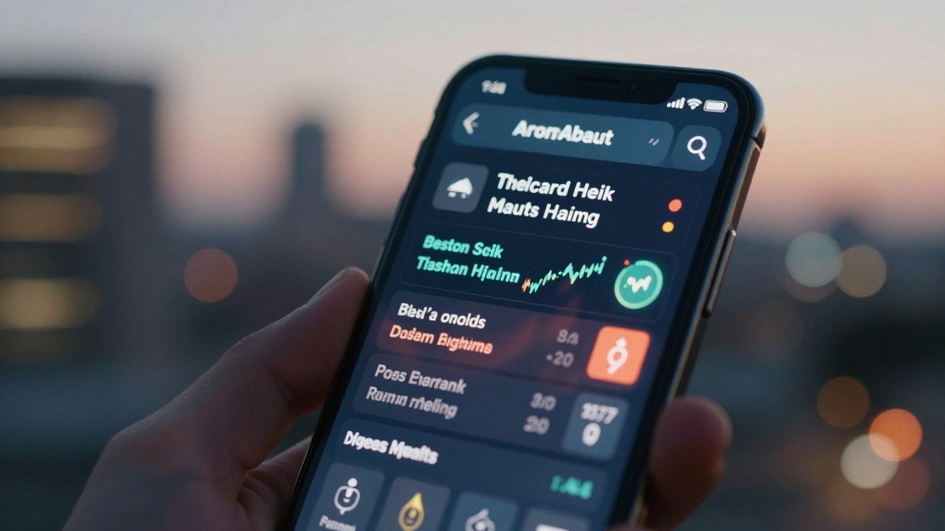 TradingView app on a smartphone with cityscape background.