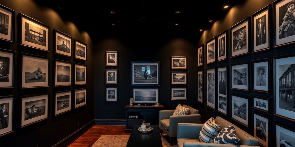 Home photo gallery with dark walls and framed pictures.