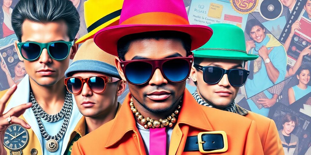 1980s male fashion accessories including sunglasses and hats.